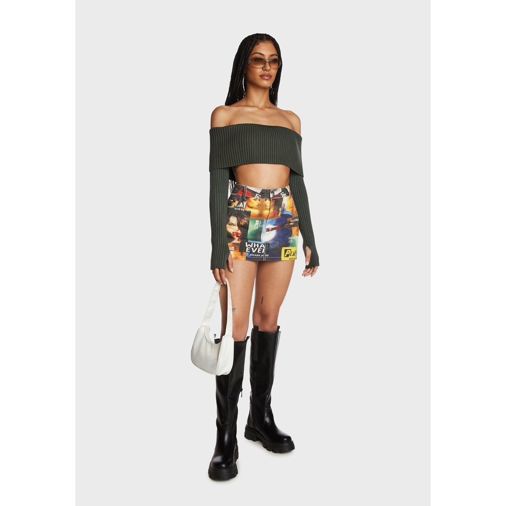 Edikted NWT Two Faced Denim Mini Skirt Small Collage Photo Print Art Grunge 90s